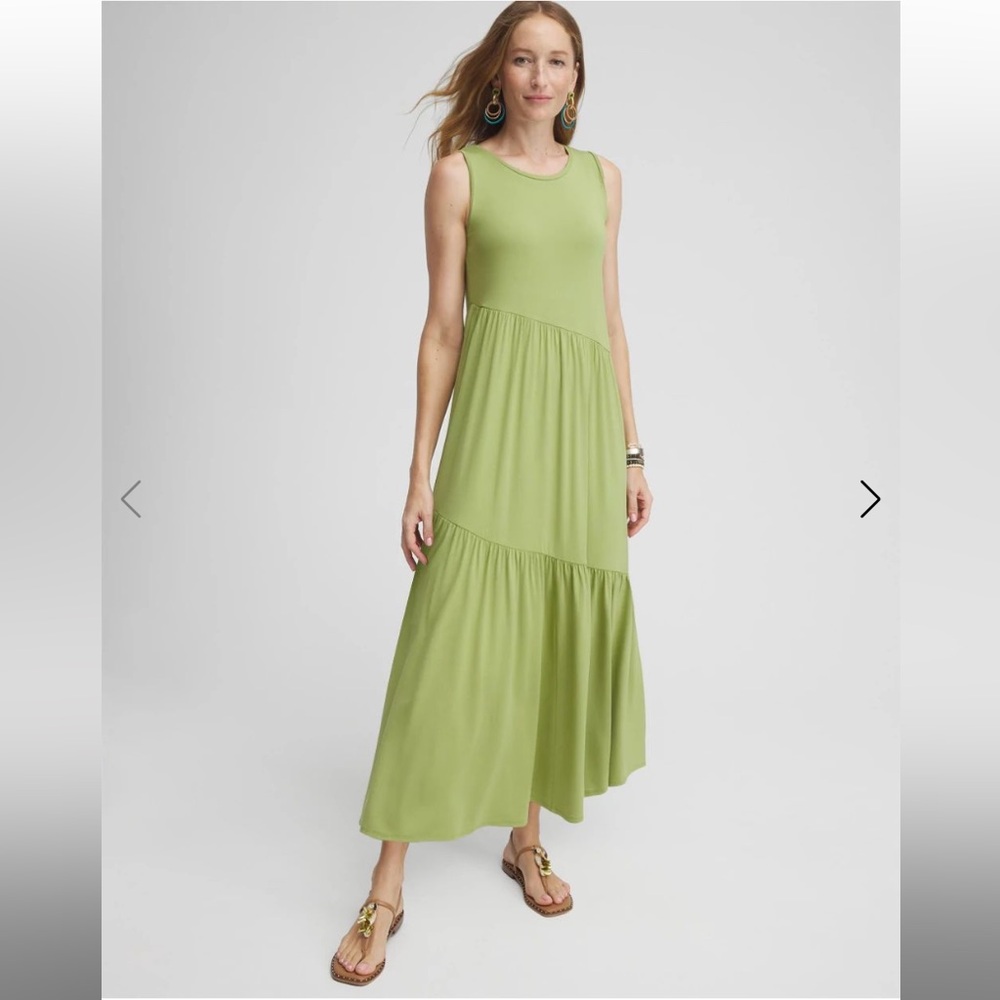 Chico's Bright Lime Green Sleeveless Tiered Midi Dress